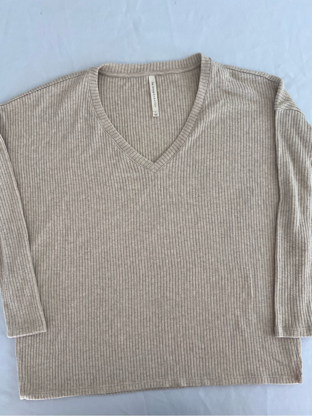 Aritzia The Group Babaton Ribbed V-Neck Sweater in Light Taupe